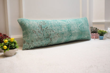 Handmade Kilim Lumbar Pillow Cover: Upcycled Woven Rug, Blue & Black (12x36 in)