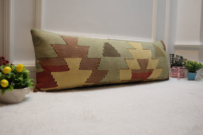 Geometric Kilim Pillow Cover 12x36: Vintage Turkish Woven Wool