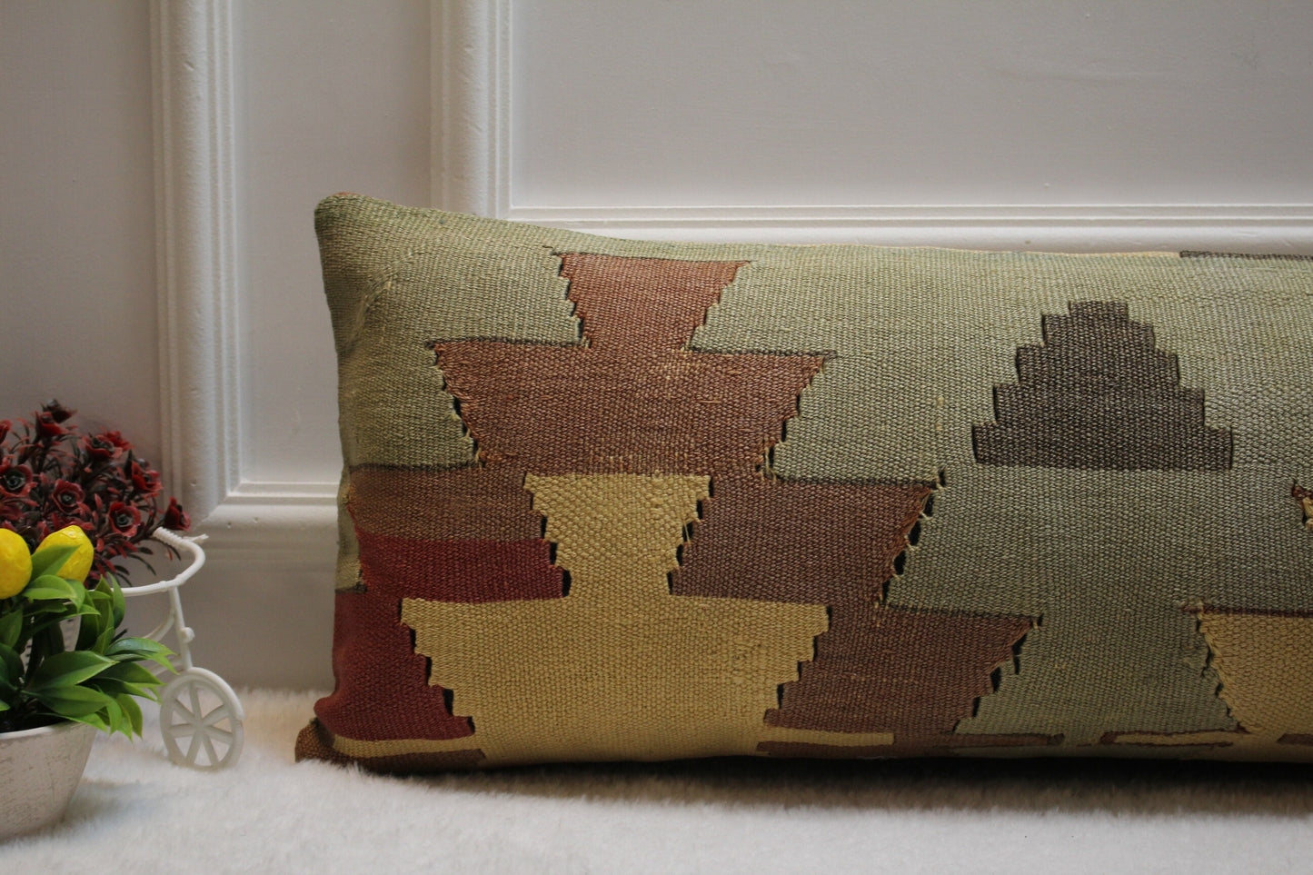 Geometric Kilim Pillow Cover 12x36: Vintage Turkish Woven Wool