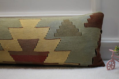 Geometric Kilim Pillow Cover 12x36: Vintage Turkish Woven Wool
