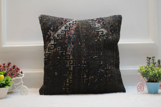 Handmade Kilim Pillow Cover: Upcycled Woven Rug, Black (16x16 in)