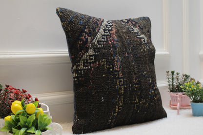 Handmade Kilim Pillow Cover: Upcycled Woven Rug, Black (16x16 in)