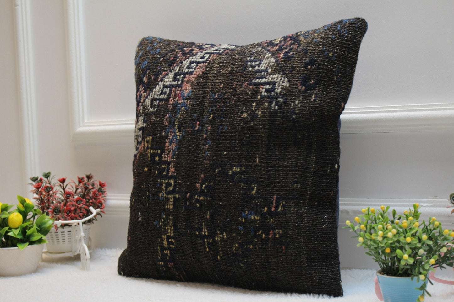 Handmade Kilim Pillow Cover: Upcycled Woven Rug, Black (16x16 in)