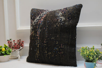 Handmade Kilim Pillow Cover: Upcycled Woven Rug, Black (16x16 in)