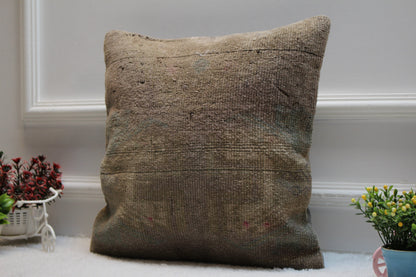Vintage Turkish Rug Pillow Cover: 16x16 Organic Wool Kilim