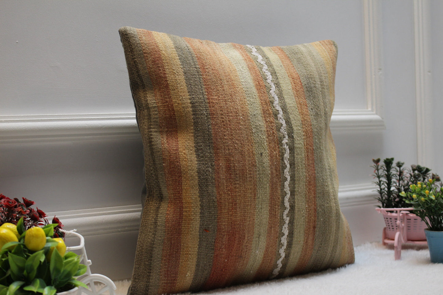 Handmade Kilim Pillow Cover: Upcycled Woven Wool, 16x16 inc