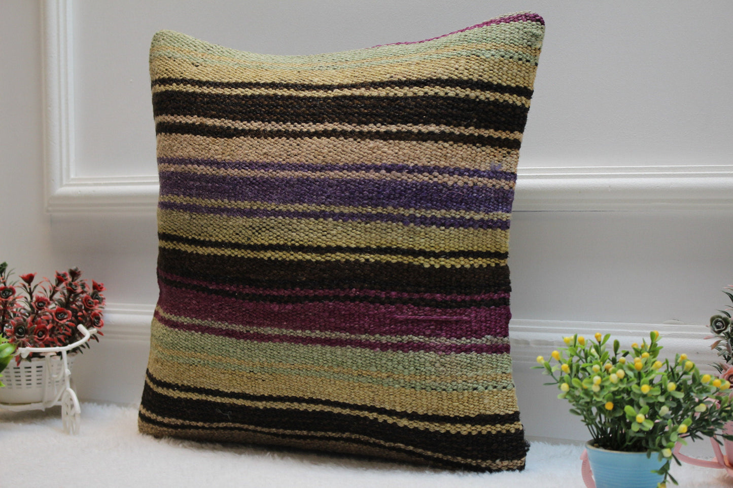Striped Kilim Pillow Cover: Handmade Turkish Woven Rug, 16x16 inch