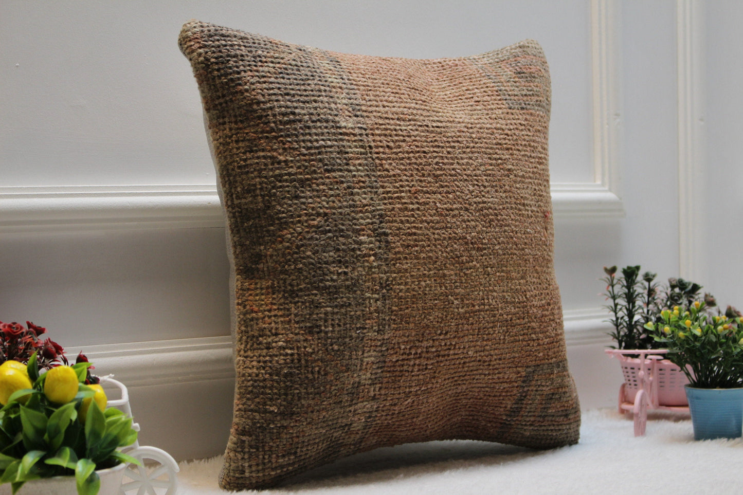 Handmade Kilim Pillow Cover: Upcycled Woven Wool Rug, Bohemian Decor (16x16 in)