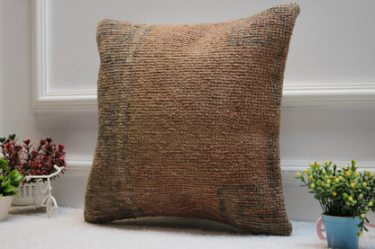 Handmade Kilim Pillow Cover: Upcycled Woven Wool Rug, Bohemian Decor (16x16 in)