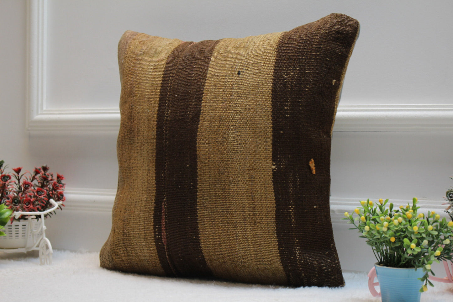 Handmade Kilim Pillow Cover: Brown Woven Rug, 16x16 inch
