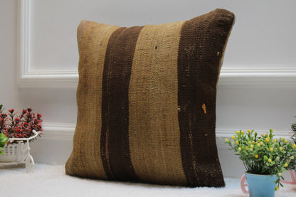 Handmade Kilim Pillow Cover: Brown Woven Rug, 16x16 inch