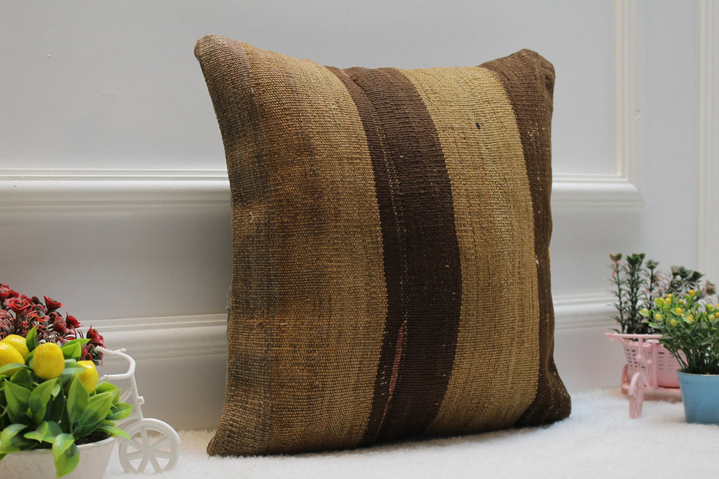 Handmade Kilim Pillow Cover: Brown Woven Rug, 16x16 inch