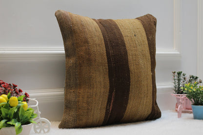Handmade Kilim Pillow Cover: Brown Woven Rug, 16x16 inch