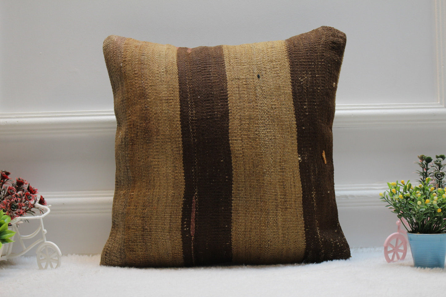 Handmade Kilim Pillow Cover: Brown Woven Rug, 16x16 inch
