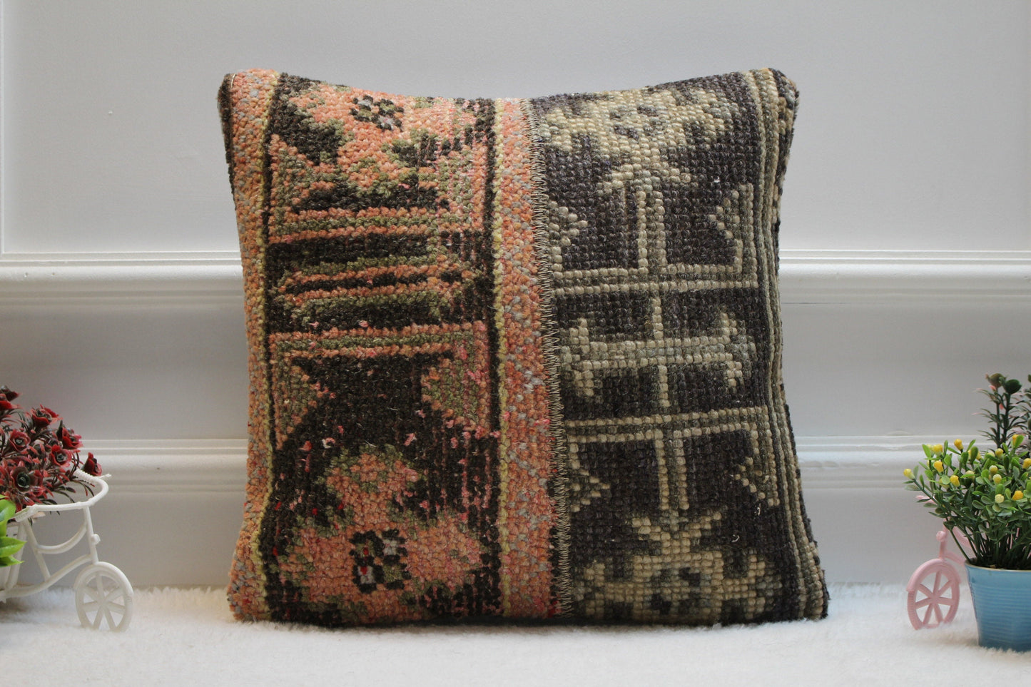 Handmade Kilim Pillow Cover: Upcycled Turkish Rug, Orange Black Beige