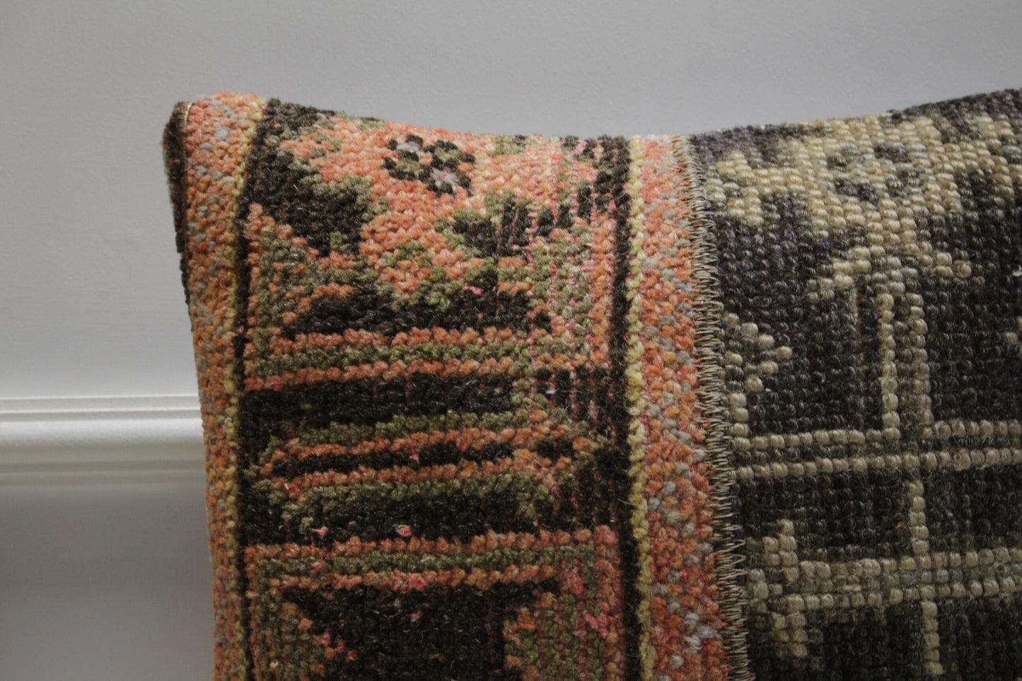 Handmade Kilim Pillow Cover: Upcycled Turkish Rug, Orange Black Beige
