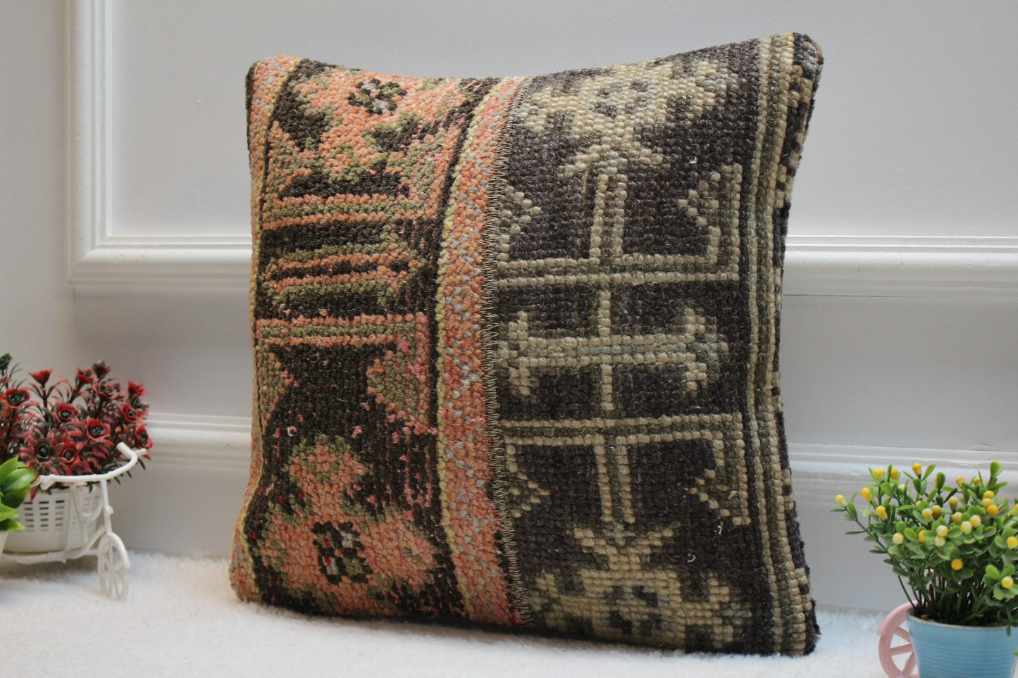 Handmade Kilim Pillow Cover: Upcycled Turkish Rug, Orange Black Beige