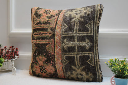 Handmade Kilim Pillow Cover: Upcycled Turkish Rug, Orange Black Beige