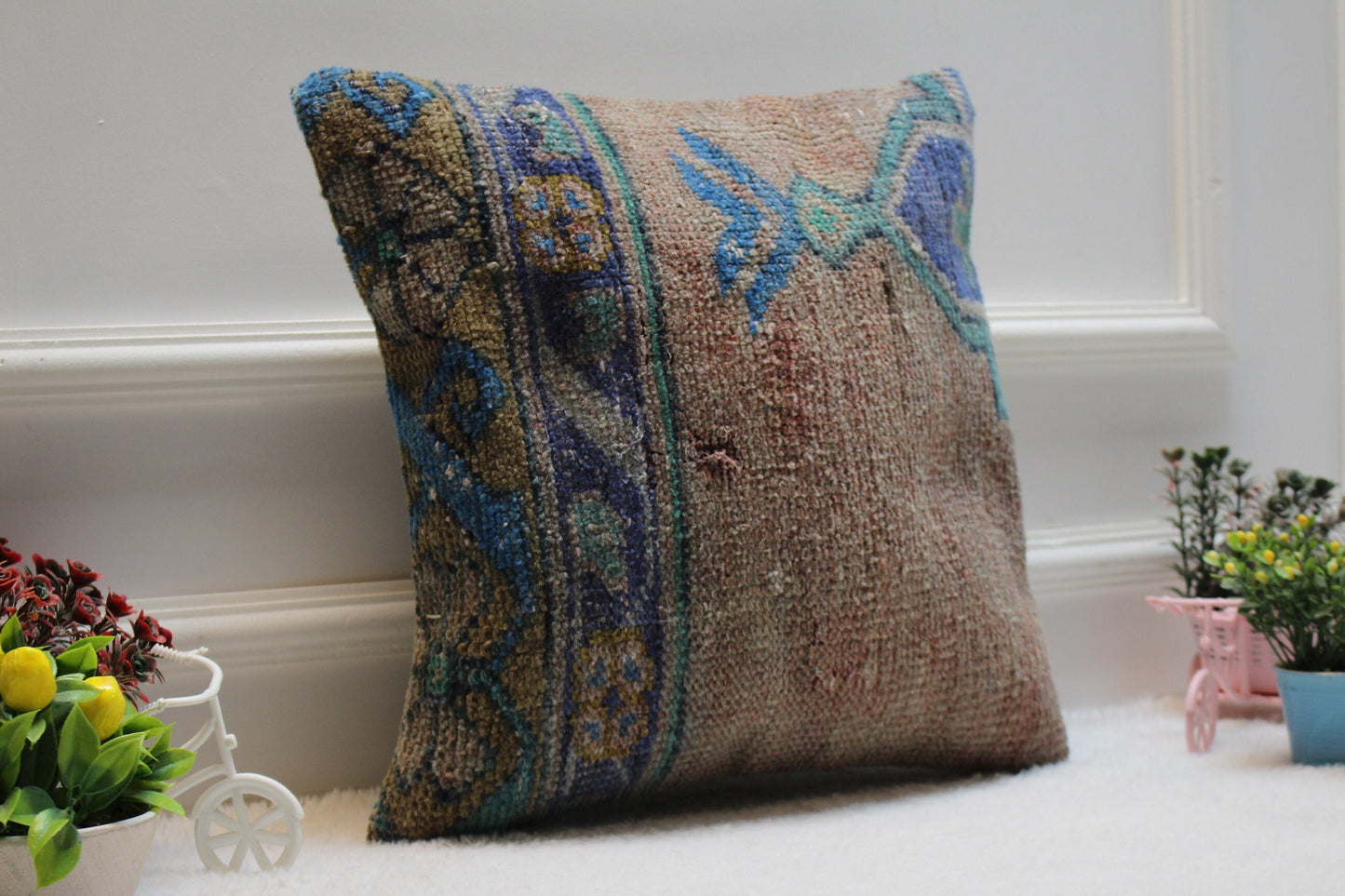 Handmade Kilim Pillow Cover: Vintage Turkish Rug, Blue Beige (16X16 inc.)