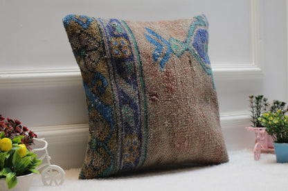 Handmade Kilim Pillow Cover: Vintage Turkish Rug, Blue Beige (16X16 inc.)