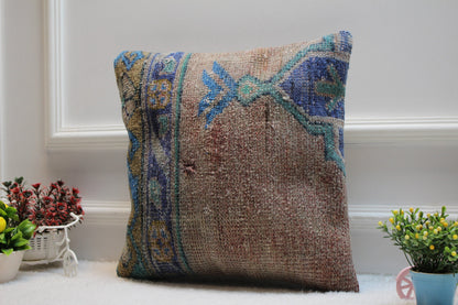 Handmade Kilim Pillow Cover: Vintage Turkish Rug, Blue Beige (16X16 inc.)