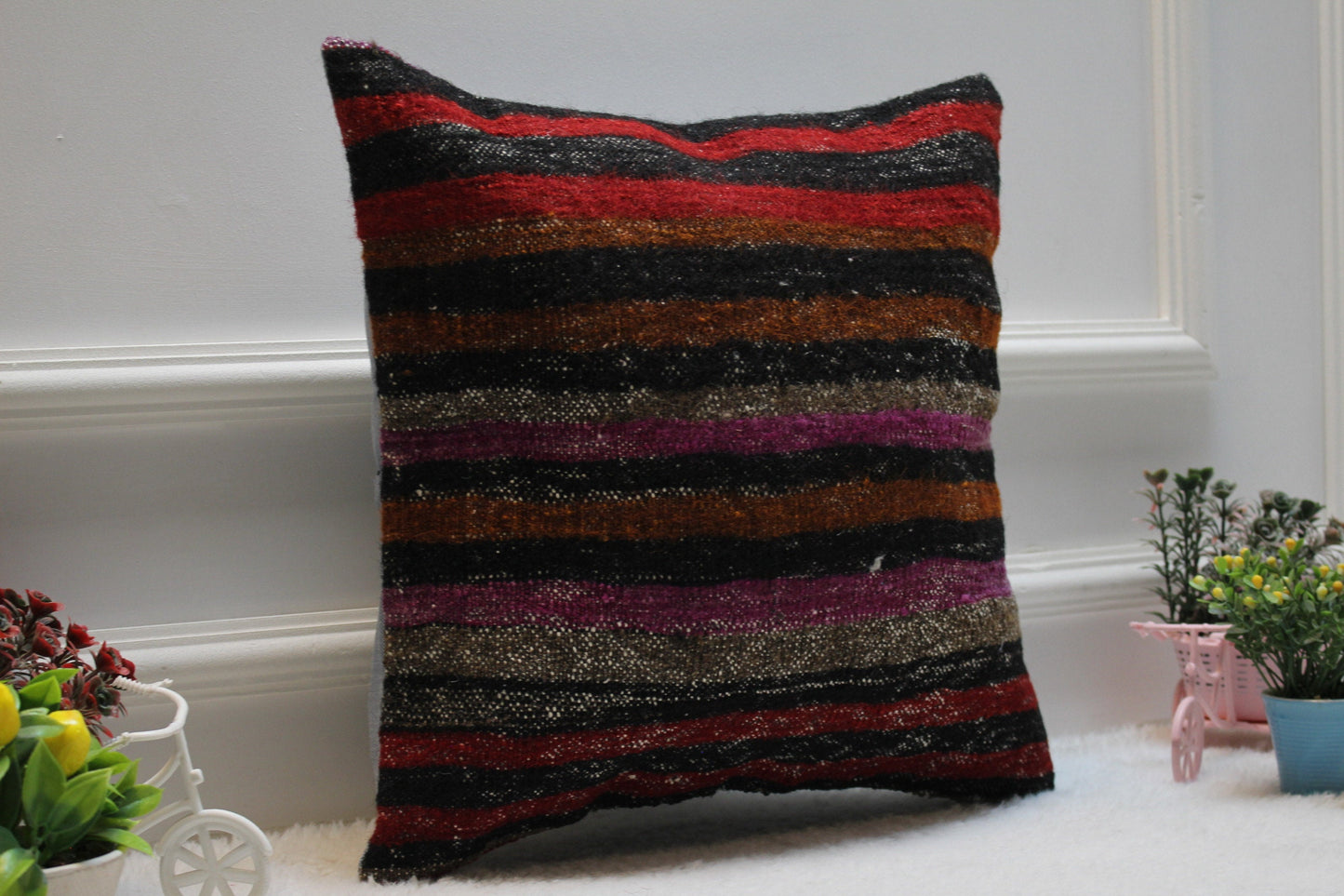 Striped Kilim Pillow Cover: Handmade Organic Wool, 16x16 inch