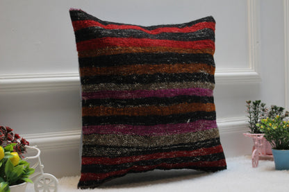 Striped Kilim Pillow Cover: Handmade Organic Wool, 16x16 inch