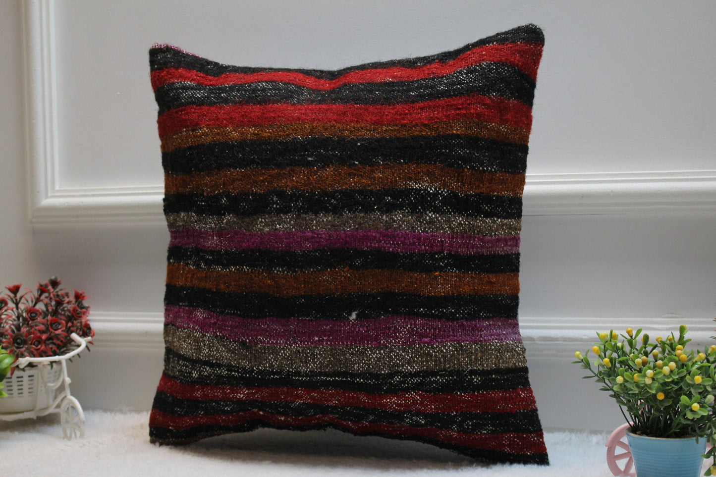 Striped Kilim Pillow Cover: Handmade Organic Wool, 16x16 inch
