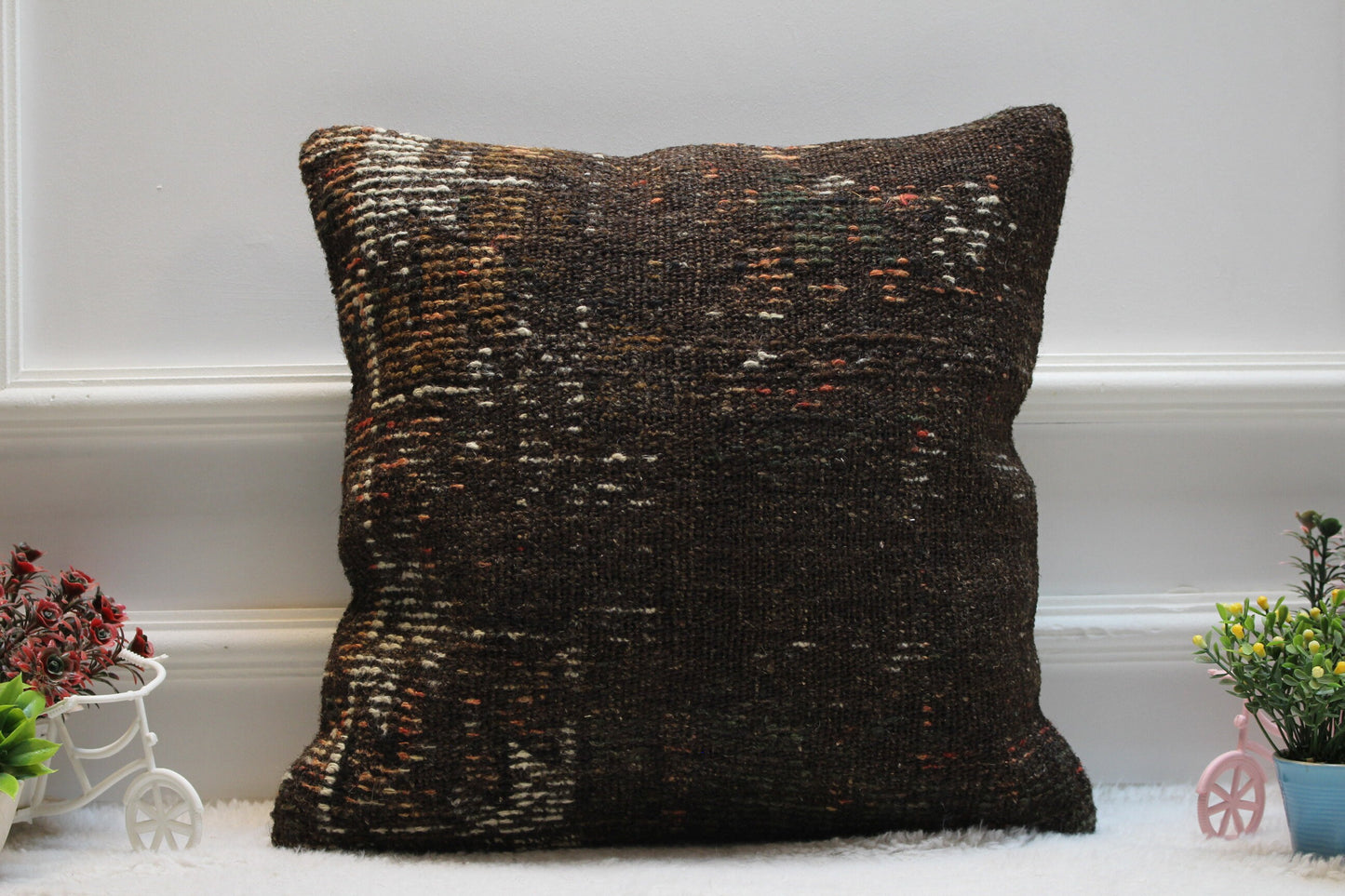 Handmade Kilim Pillow Cover: Bohemian Woven Rug Pillow, 16x16 inch