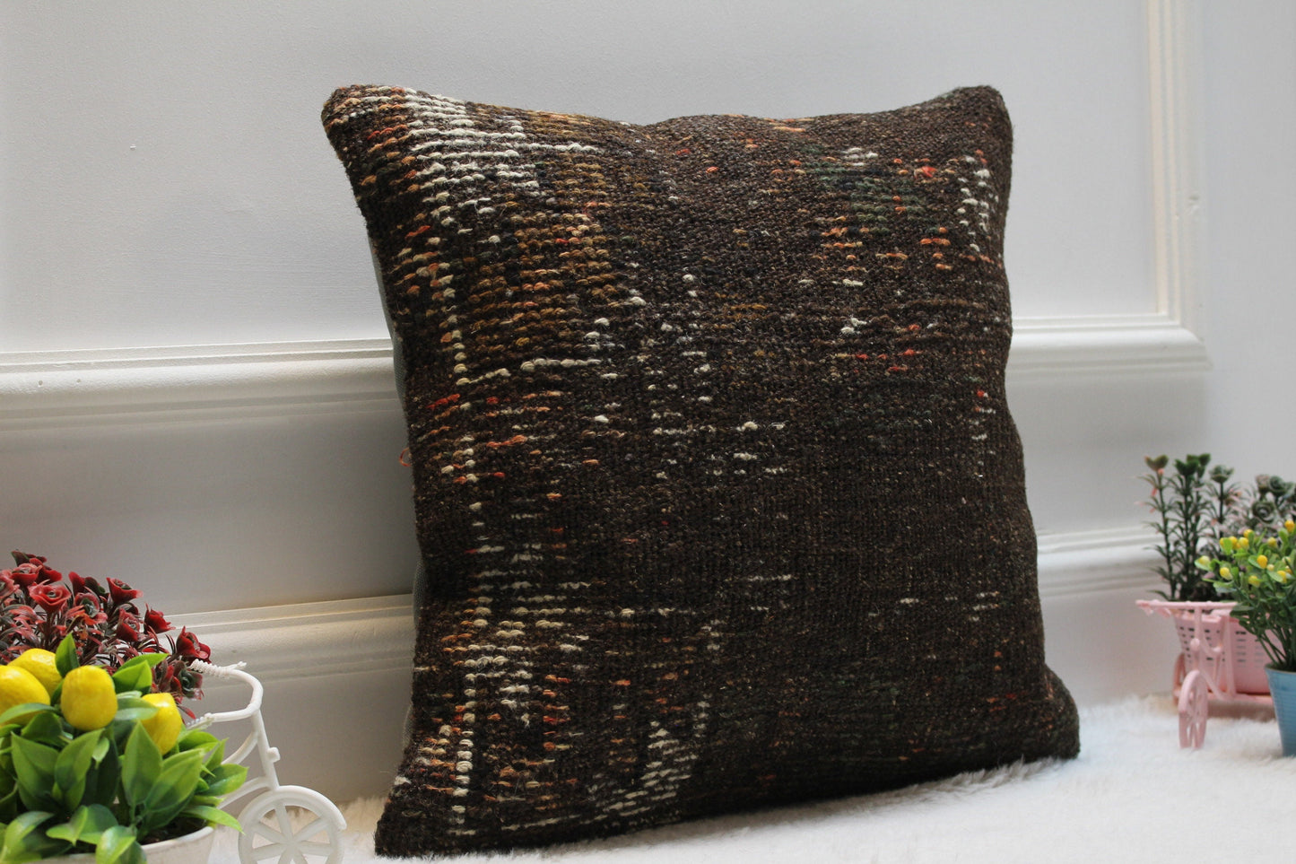 Handmade Kilim Pillow Cover: Bohemian Woven Rug Pillow, 16x16 inch