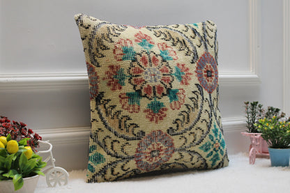 Handmade Turkish Rug Pillow Cover: Floral Kilim Throw Pillow (16x16 in)