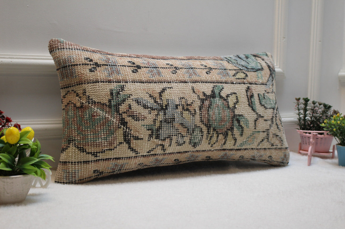 Floral Turkish Rug Lumbar Pillow Cover: Upcycled Wool, 12x24 inc