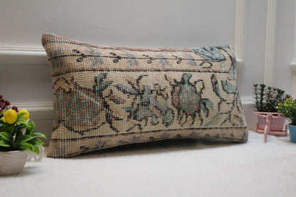Floral Turkish Rug Lumbar Pillow Cover: Upcycled Wool, 12x24 inc