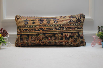 Handmade Lumbar Kilim Pillow Cover: Upcycled Woven Rug, 12x24 inch