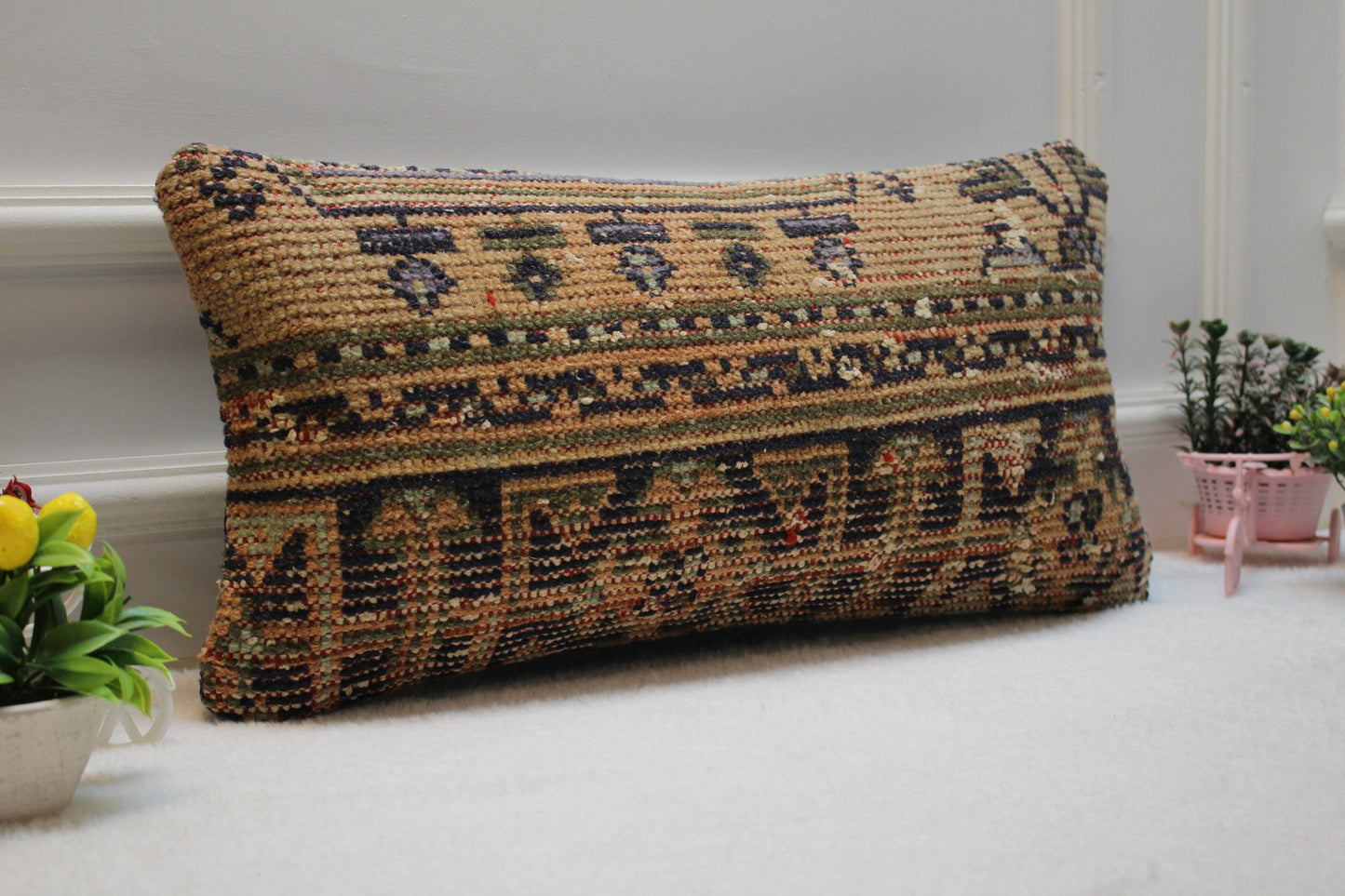 Handmade Lumbar Kilim Pillow Cover: Upcycled Woven Rug, 12x24 inch
