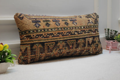 Handmade Lumbar Kilim Pillow Cover: Upcycled Woven Rug, 12x24 inch