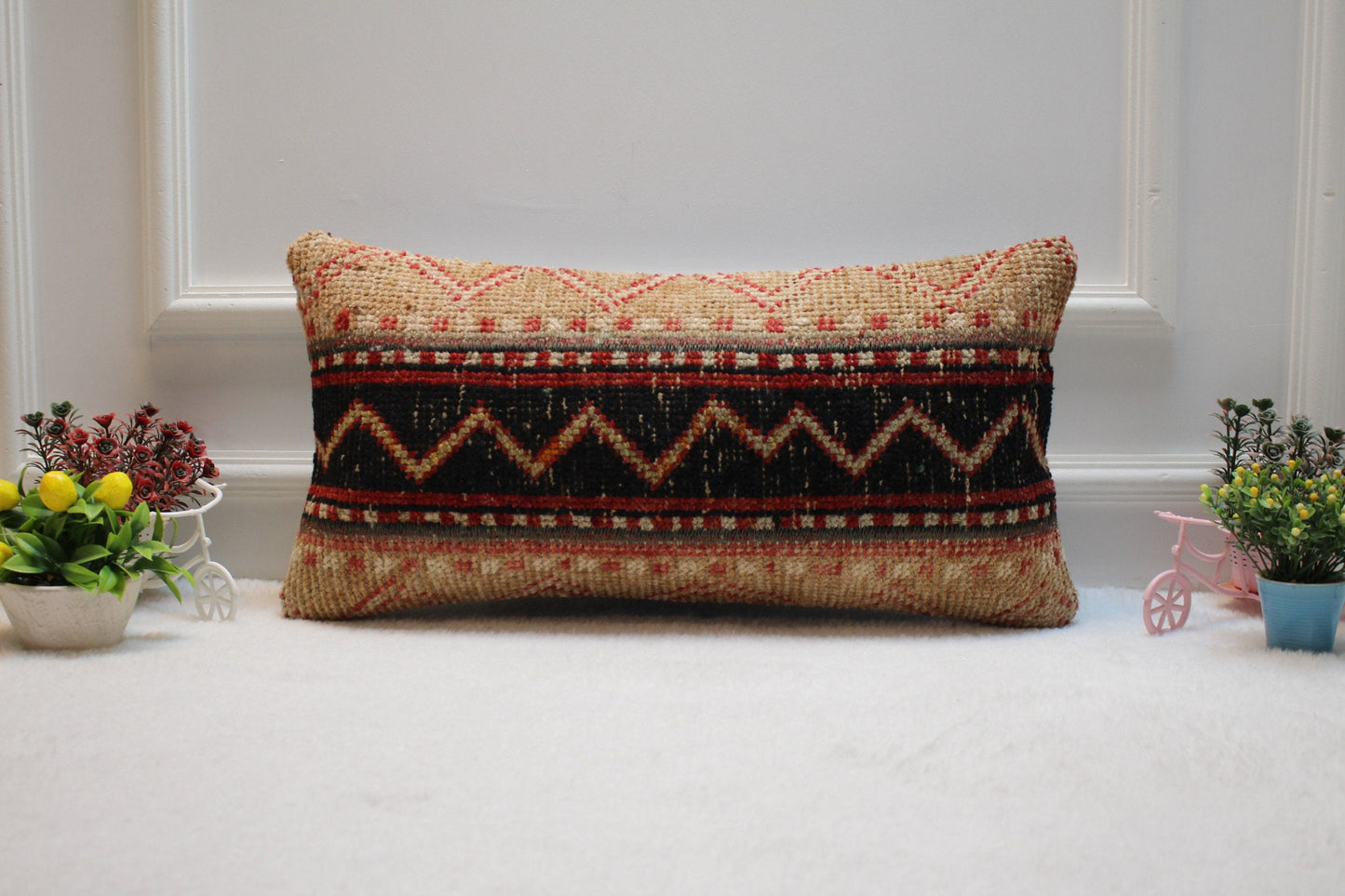 Handmade Wool Lumbar Pillow: Organic Anatolian Rug, Boho Decor (12x24 inc)