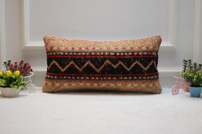 Handmade Wool Lumbar Pillow: Organic Anatolian Rug, Boho Decor (12x24 inc)
