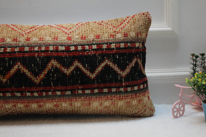 Handmade Wool Lumbar Pillow: Organic Anatolian Rug, Boho Decor (12x24 inc)