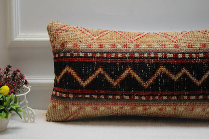 Handmade Wool Lumbar Pillow: Organic Anatolian Rug, Boho Decor (12x24 inc)