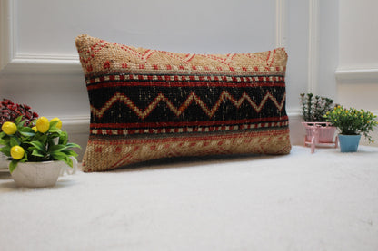 Handmade Wool Lumbar Pillow: Organic Anatolian Rug, Boho Decor (12x24 inc)