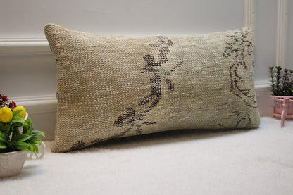Vintage Turkish Rug Lumbar Pillow Cover: 12x24 inc, Beige Brown