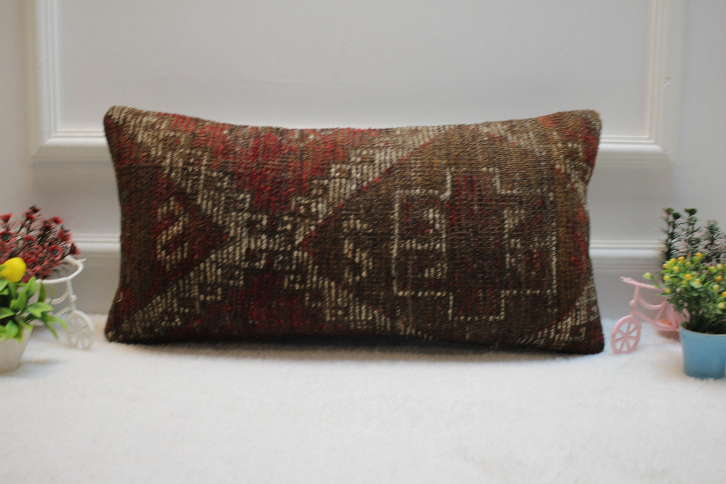 Handmade Turkish Rug Lumbar Pillow Cover: Vintage Woven Wool, 12x24 inch