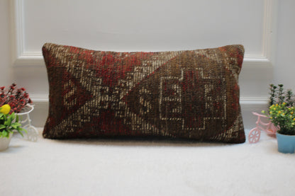 Handmade Turkish Rug Lumbar Pillow Cover: Vintage Woven Wool, 12x24 inch