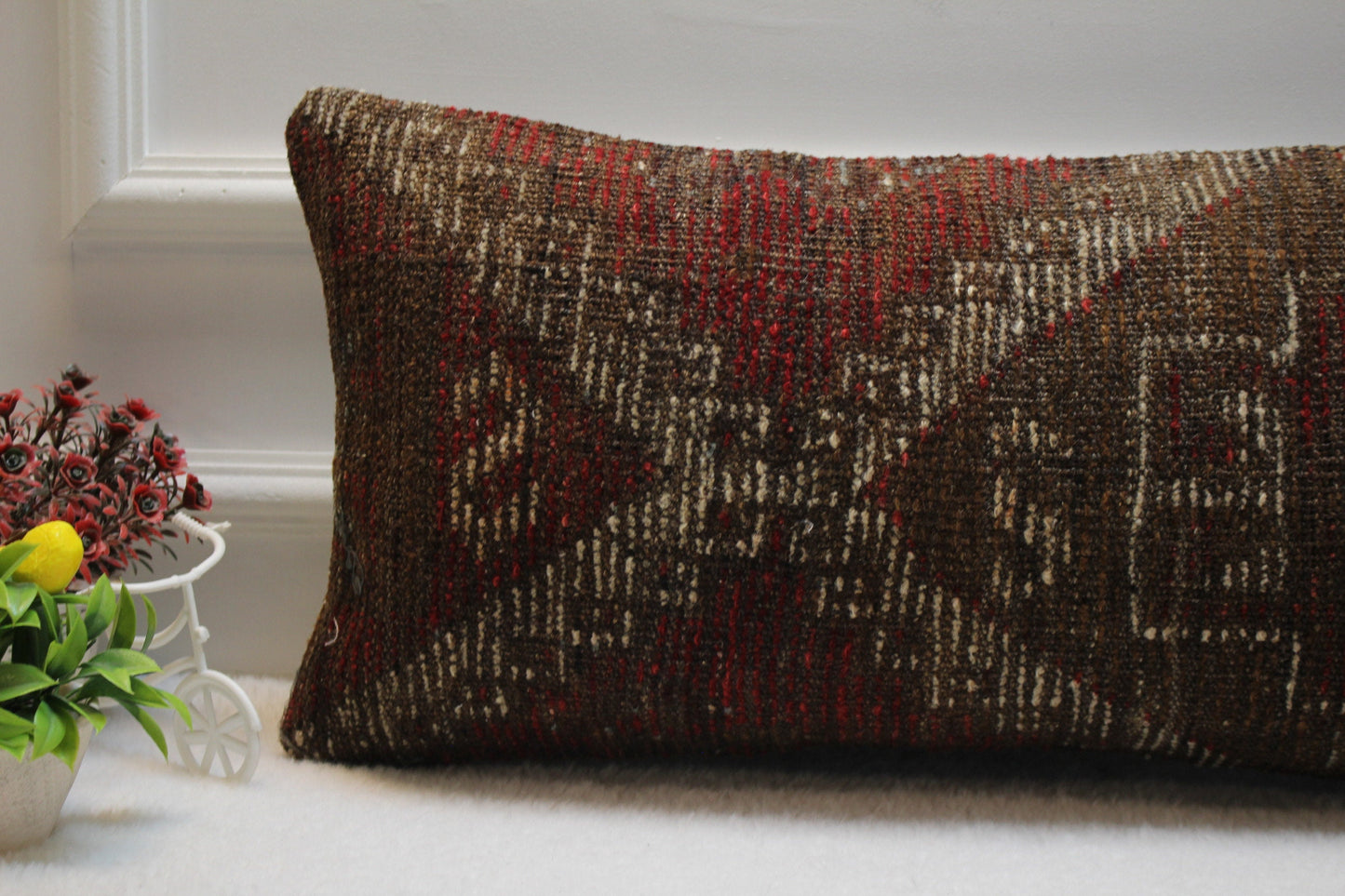 Handmade Turkish Rug Lumbar Pillow Cover: Vintage Woven Wool, 12x24 inch