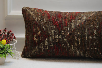 Handmade Turkish Rug Lumbar Pillow Cover: Vintage Woven Wool, 12x24 inch