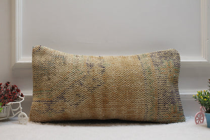 Handmade Lumbar Pillow Cover: Boho Beige Wool Rug Pillow (12x24 inc)