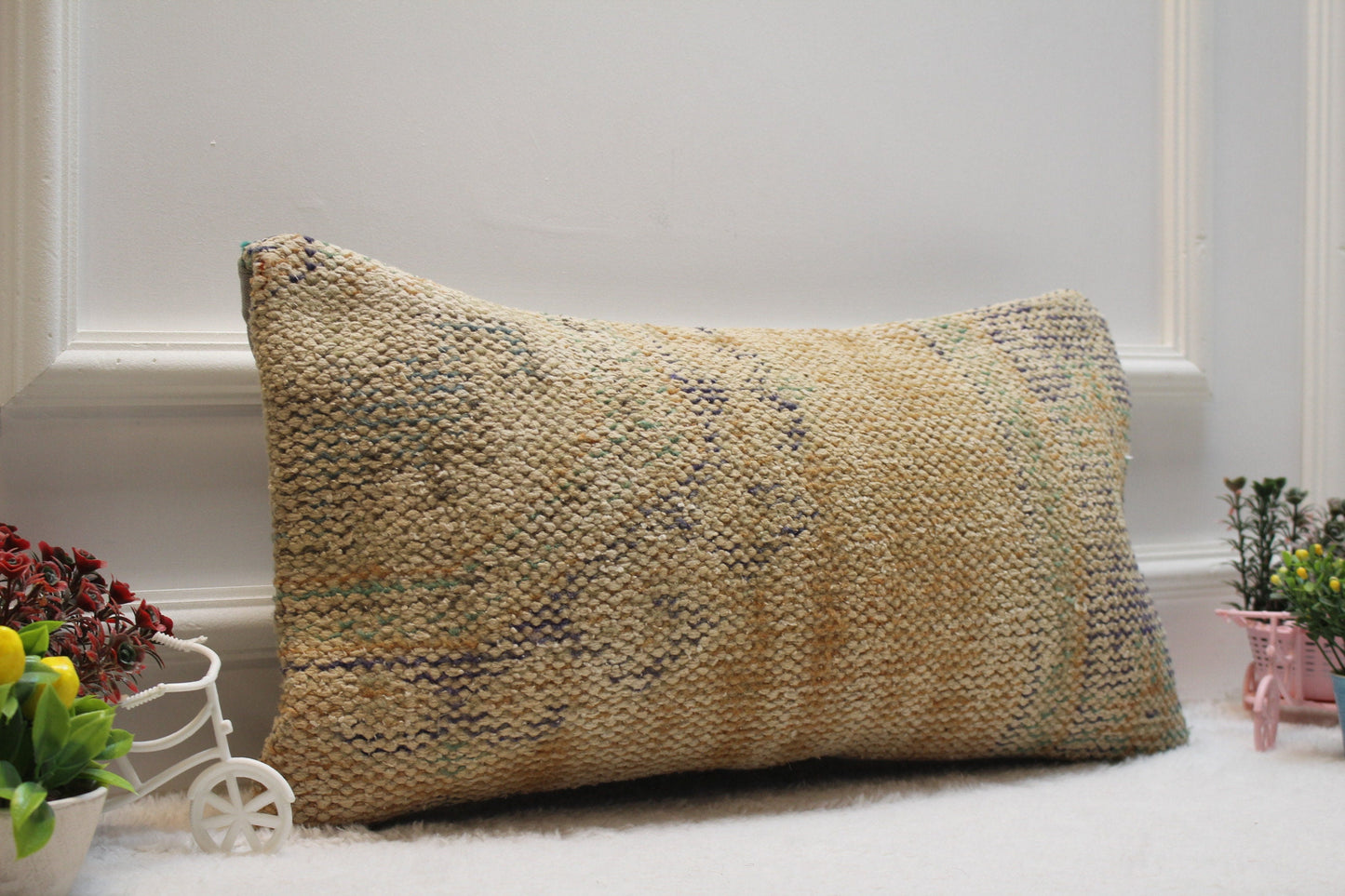 Handmade Lumbar Pillow Cover: Boho Beige Wool Rug Pillow (12x24 inc)
