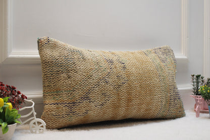 Handmade Lumbar Pillow Cover: Boho Beige Wool Rug Pillow (12x24 inc)