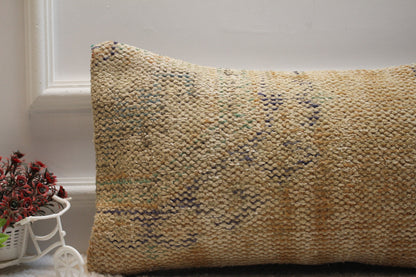 Handmade Lumbar Pillow Cover: Boho Beige Wool Rug Pillow (12x24 inc)